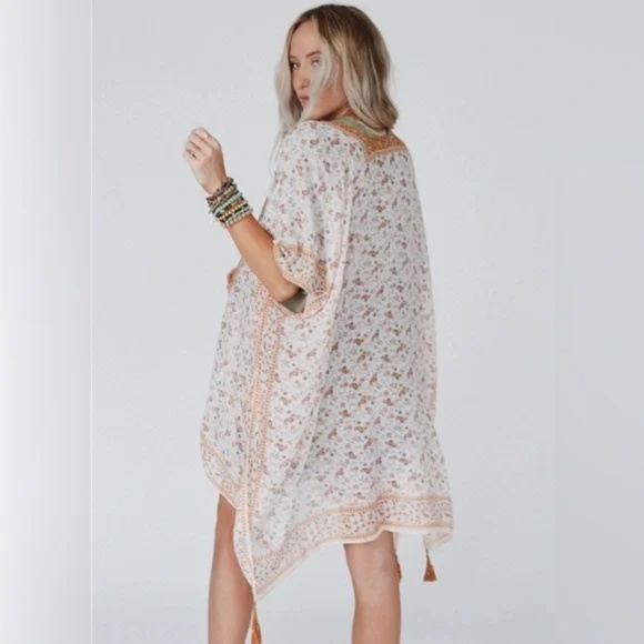 Camel Ditsy Floral Paisley Kimono Open Wrap Coverup Top One Size - Picture 5 of 5